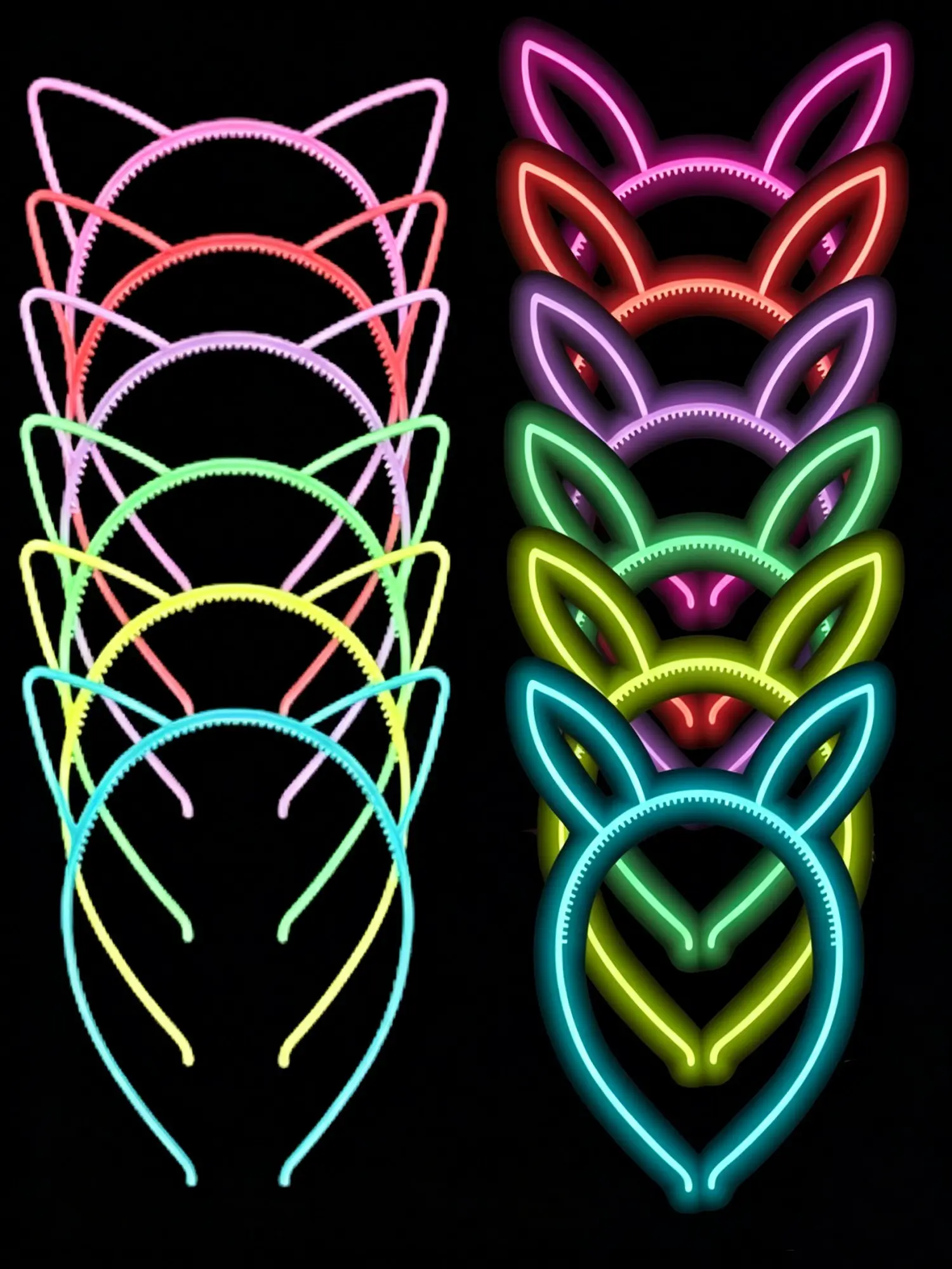 12 Pcs Glow-In-The-Dark Cat and Bunny Ears Hairbands, Women's Party Headbands, Perfect for Birthdays, Music Festivals, Performances