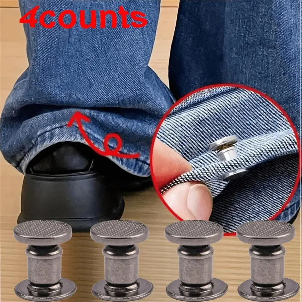 4 Pcs Jeans Buttons Hem Shortener Set, No Sew Pant Alteration Clips, Adjustable Metal Jeans Hem Tightener, Invisible Clothing Fix Tool for Denim Jeans, Pants & Quick DIY Fashion Repair