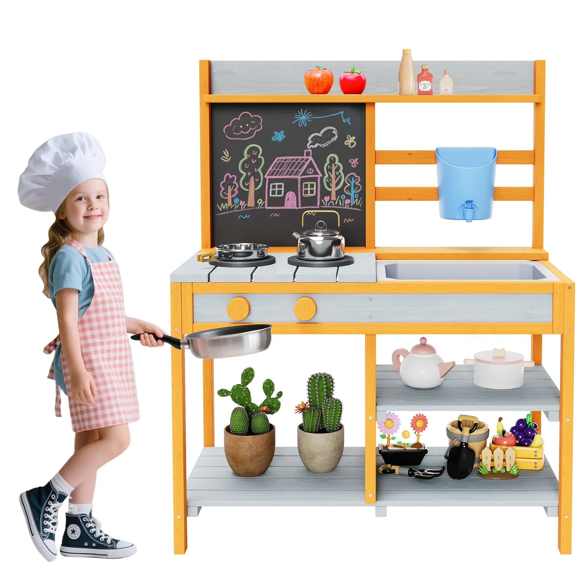 Wooden Outdoor Mud Kitchen Playset for Kids – Pretend Play Sand & Water Table – Removable basin, Faucet, Dual-Sided Chalkboard, Storage Shelves, Planter Box – Backyard Toy – Light Blue & Yellow