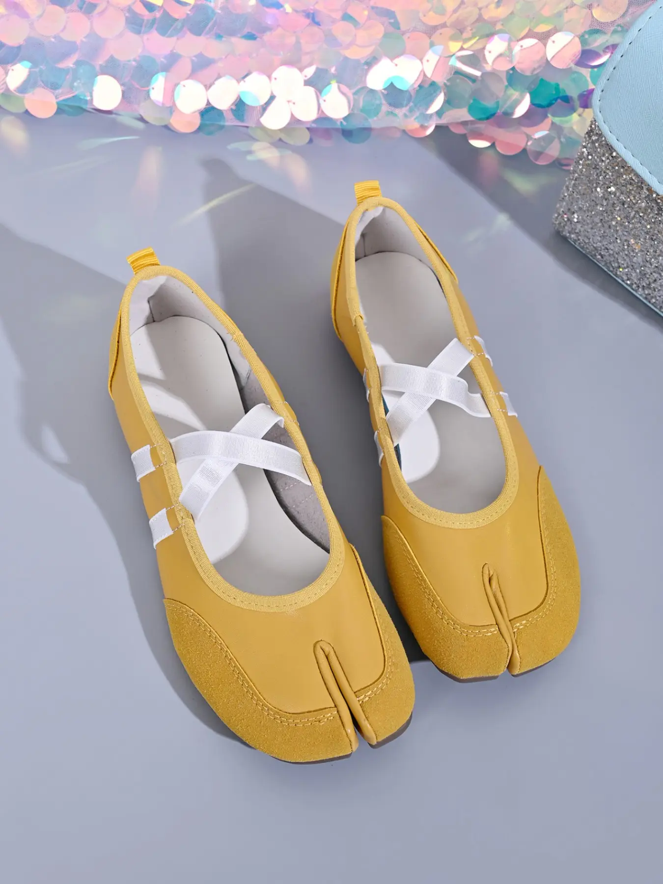 Split-Toe Cross Strap Ballet Flats for Women - Tabi Style Slip-On Shoes, Casual Flat Shoes, Casual Summer Flats in Black, Red & Yellow