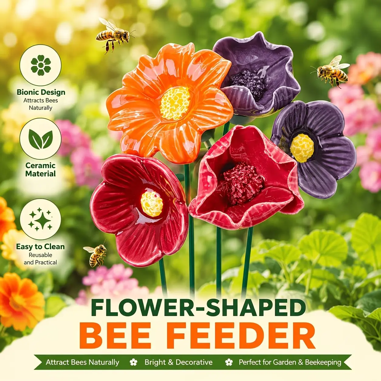 5PC Set of Irregular Flower-Shaped Ceramic Bee Waterers, featuring a garden stake design for easy installation. Durable and convenient, these make great gifts for indoor decor as well as outdoor courtyards, gardens, patios, balconies, and flower pots