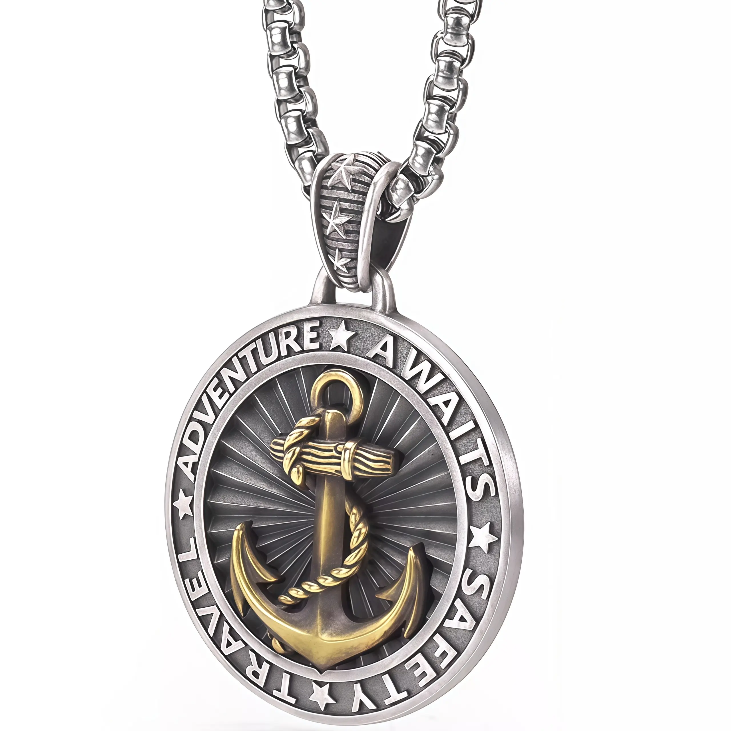 2-Tone Silver-Gold Plated Double-Sided Anchor Compass Pendant Necklace with Pearl Chain, Men’s & Women’s Nautical Travel Talisman Jewelry Gift