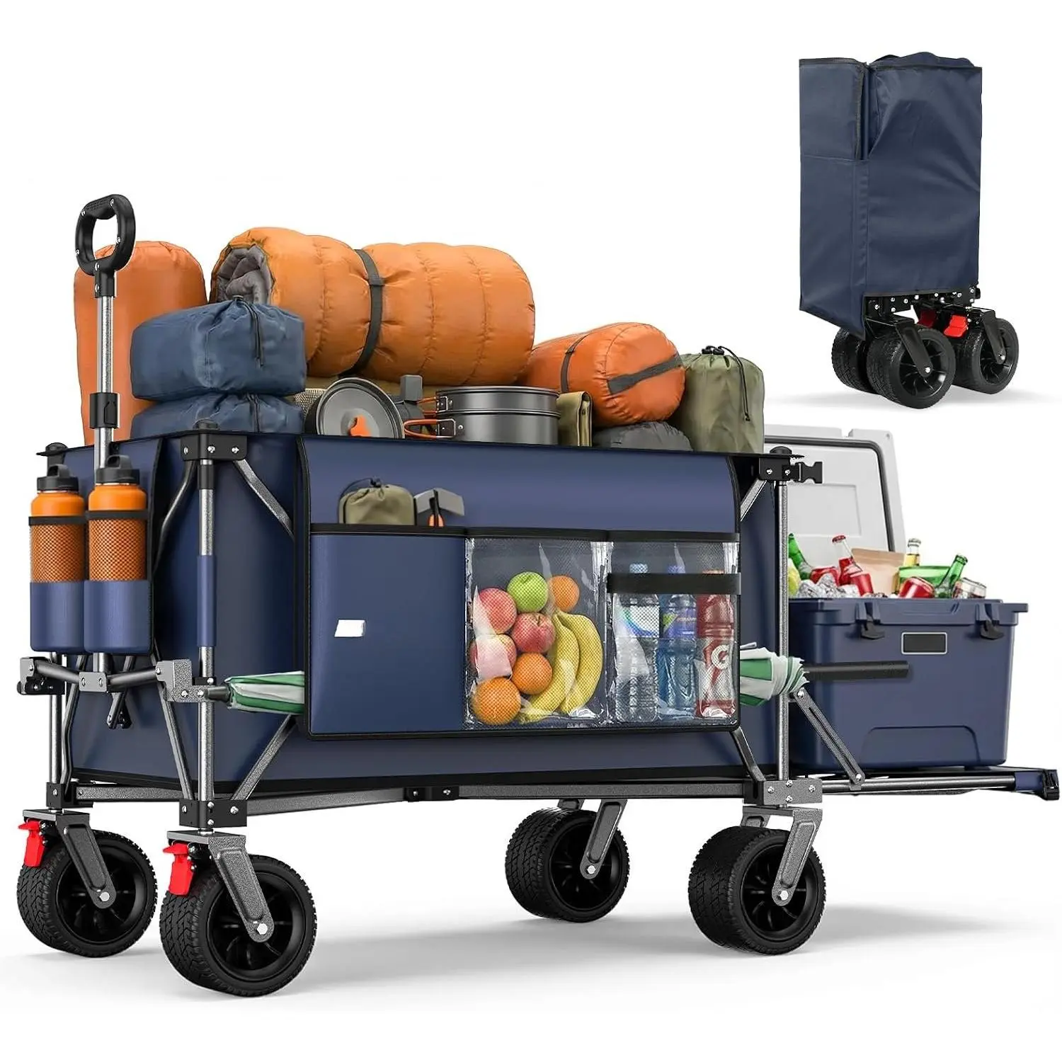 Collapsible Wagon with Tailgate, 55" Expandable 300L -Terrain | 500 Lbs Heavy Duty, Utility Folding Wagon, 7"×4" Wheel, 360° Swivel & Brakes, Long Item Storage,Beach, Camping, Gardening
