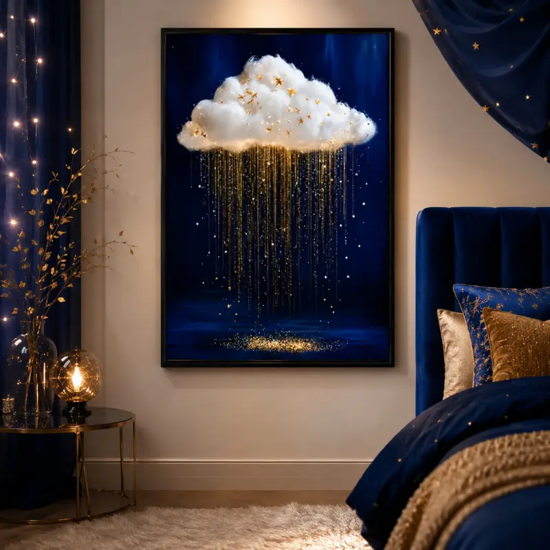 Framed 2D Flat Surreal Whimsical Art Print - Fluffy White Cloud Raining Golden Stars Canvas Poster, Art Deco Home Accessory, Minimalist Wall Decor for Living Room, Ideal Home Gift