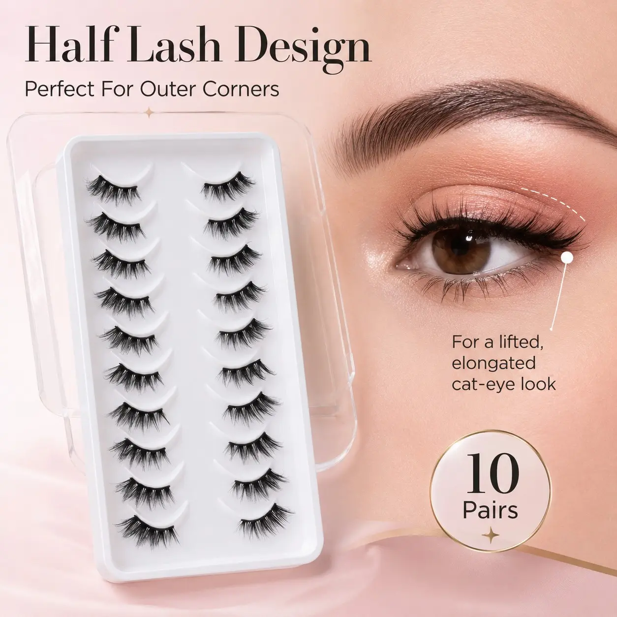 10 Pairs Wispy Cat Eye Half Lashes, Natural Fluffy False Eyelashes, Lightweight Soft Faux Mink, Eye Lifting, Reusable for Party & Wedding