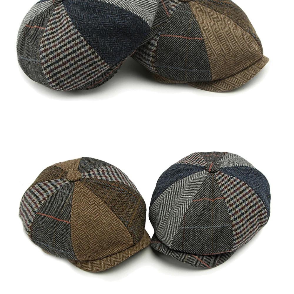 HT4612 Beret Cap Men Women Spring Autumn Wool Beret Hat Patchwork Plaid Ivy Octagonal Flat Cap Male Female Artist Painter Berets