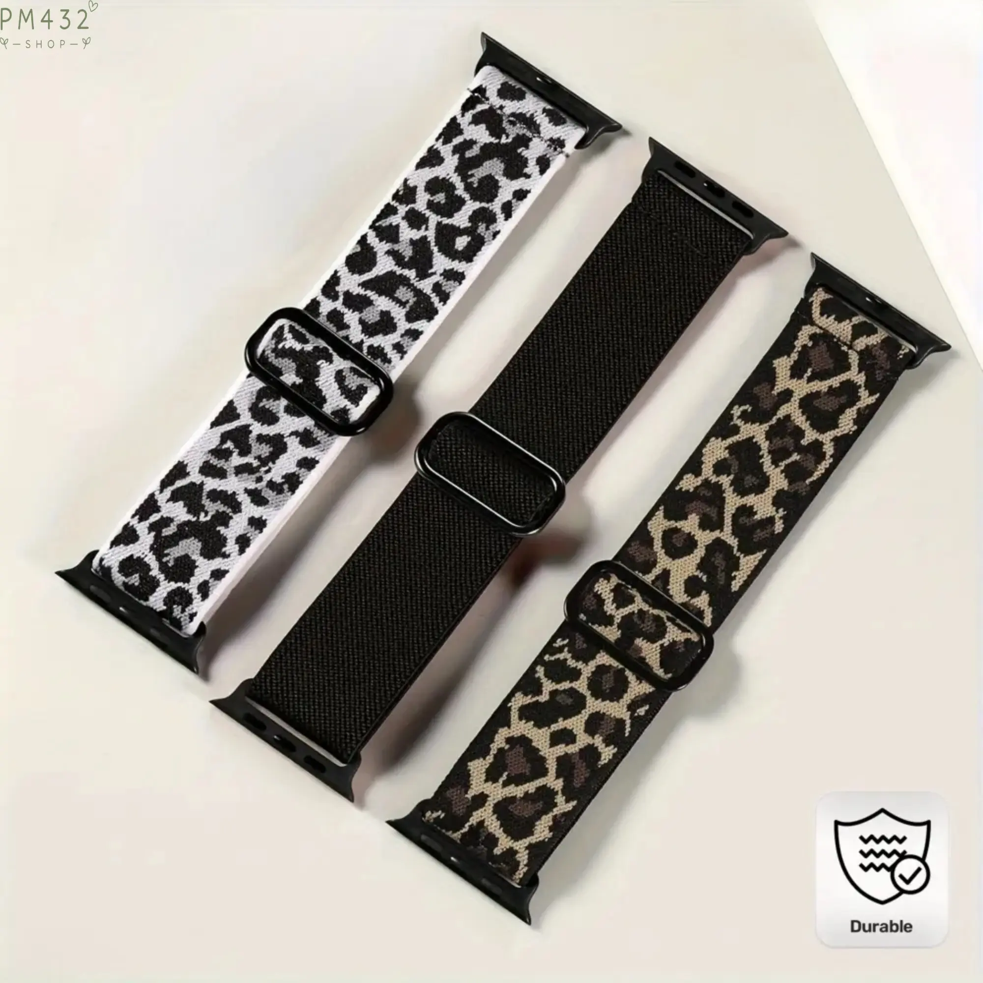 3 Pack Elastic Nylon Smartwatch Bands, Adjustable Solo Loop Sport Straps with Leopard and Solid Color Design, Soft Breathable Replacement Wristbands 38-49mm, Comfortable Fitness Watch Accessories for Running, Workout and Daily Wear
