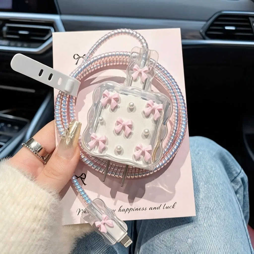 5Pcs Pink Bow Pearl Charger Case Set for iPhone 20W 18W - Clear Charger Cover & Cable Protector, Dustproof Drop Proof for iPhone 16 15 14 13 Pro Max