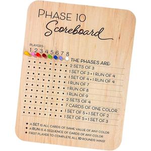 wooden phase 10 score board, 1 set wooden phase scoreboard with 8 colored pegs, tablegame card game accessories for party family game night, party activities suppliese, board family games, funny gift