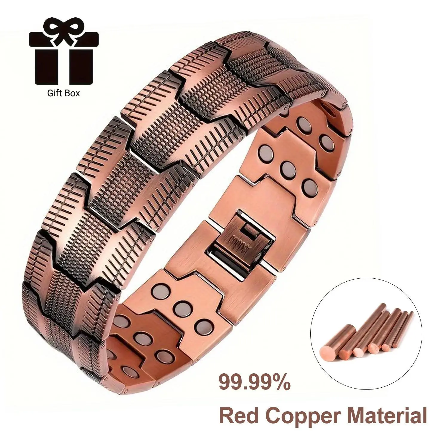 Men's 3-Pack 99.99% Pure Copper Bracelets - Unisex Hypoallergenic Costume Jewelry, Triple Super Strong Magnets, Magnetic Clasp, Adjustable Size Tool, Classic Minimalist Design, Durable, Casual Everyday Wear, Valentine's Day Gift