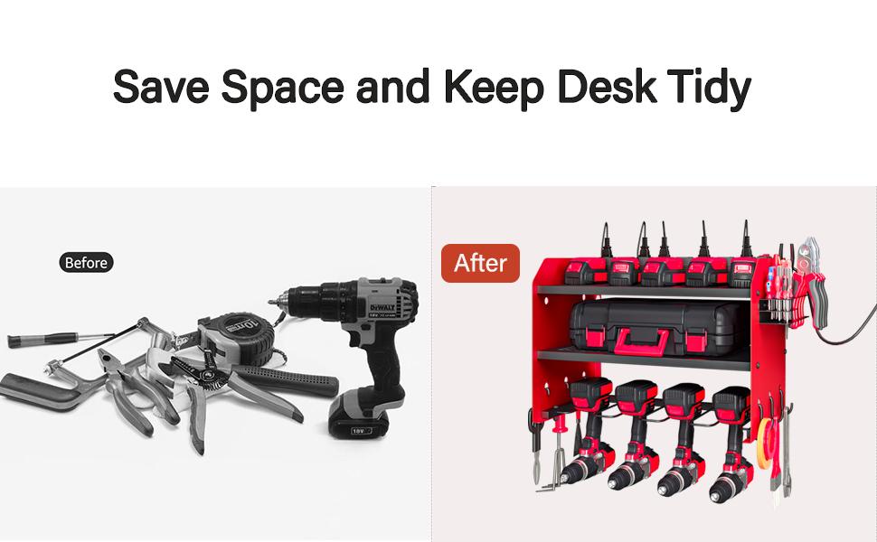Power Tool Organizer Wall Mount with Charging Station 3 Layer Heavy Duty Metal Tool Storage Rack with 4 Cordless Drill Holder Utility Rack with 8 Power Strip