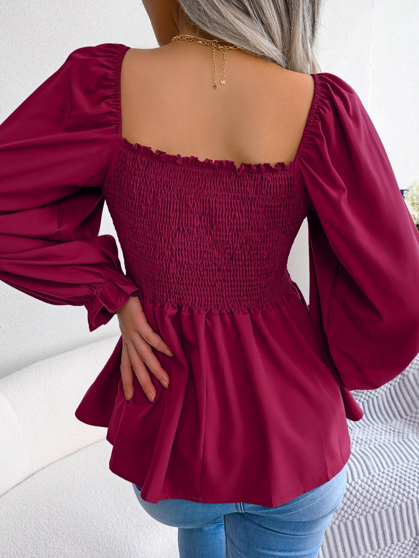 Superfancyfashion Women's Plain Frill Ruffle Shirred Square Neck Fitted Lightweight Chiffon Blouse Shirts, Solid Long Sleeve Flounce Sleeve Peplum Tops, Ladies Casual Clothes for Spring & Fall, Chic Elegance Style Womenswear