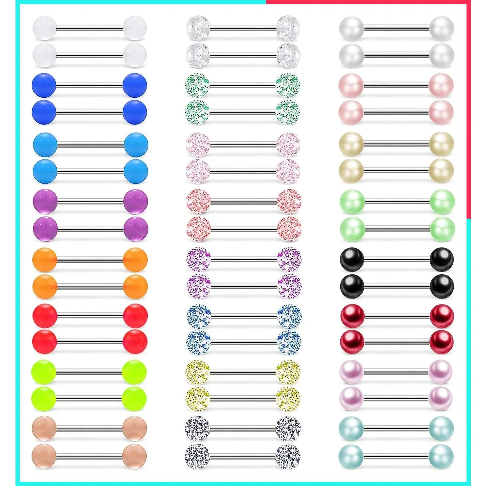 48Pcs 14G Stainless Steel Nipple & Tongue Rings Straight Barbell Bars Glow in Dark Flexible Retainer Piercing Jewelry for Women Men 16mm Bar