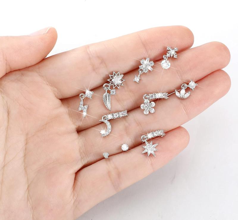 48 Pcs Dangle Nose Rings for Women Nose Piercings Jewelry Studs Hoops with Charm Stainless Steel Indian Nostril Rings for Women