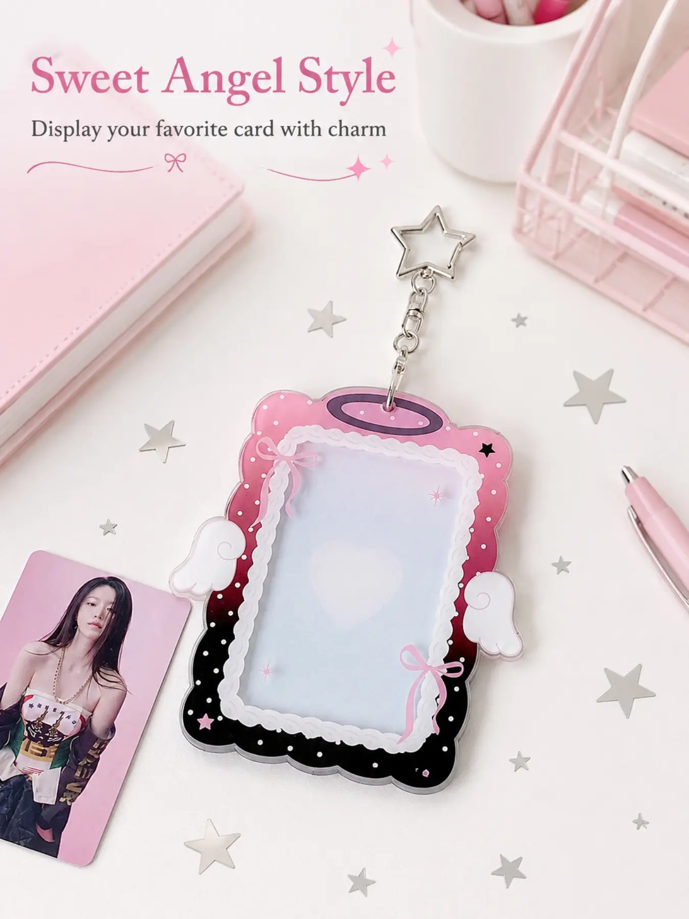 3 Inch Angel Wings Keychain Photo Card Holder, Acrylic Id Holder, Angel Halo Wing Photocard Holder with Star Keyring, Bow Polka Dot Card Sleeve, Bag Charms Backpack Pendant
