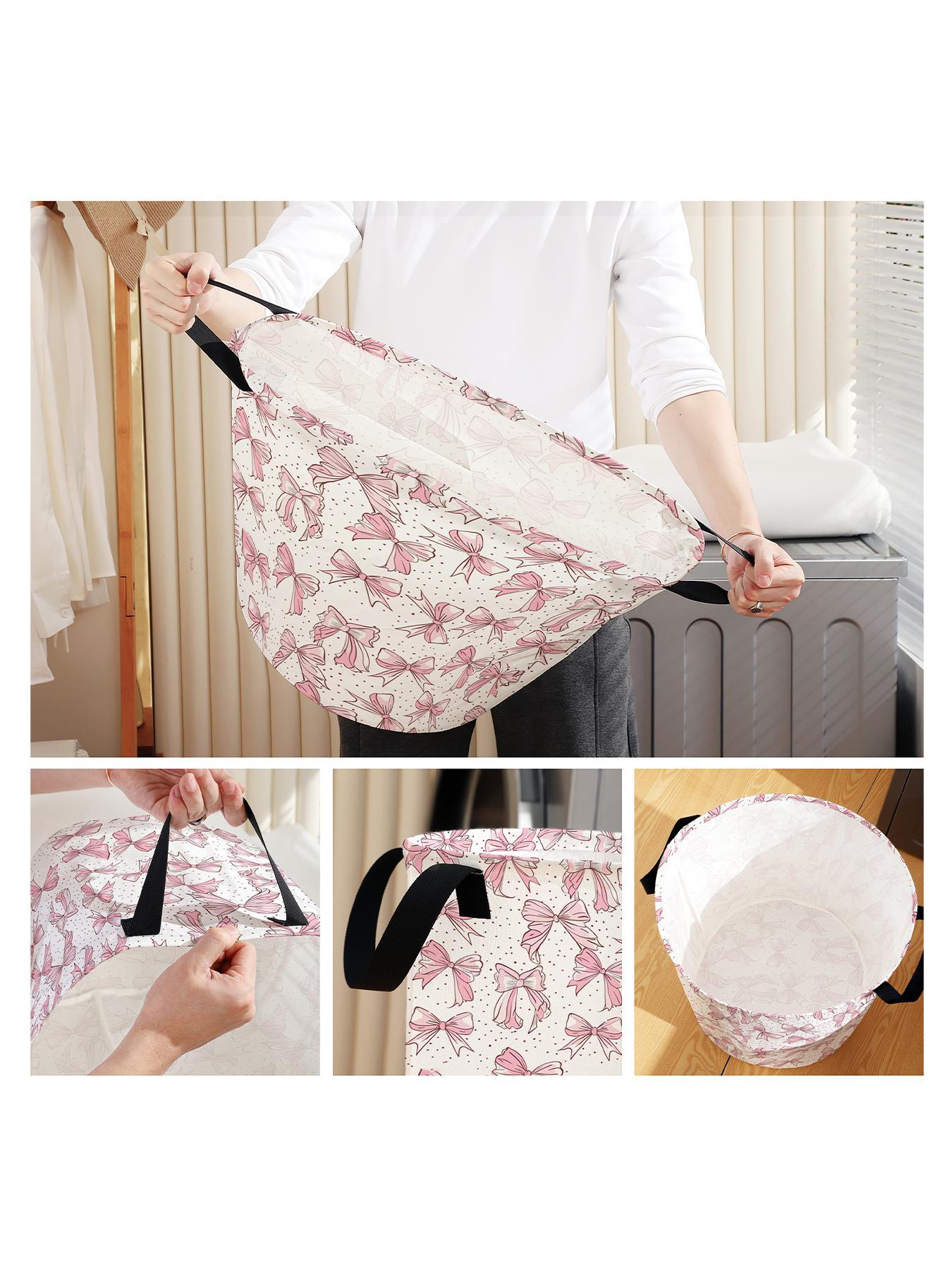 Bow Pattern Laundry Basket, Large Capacity Foldable Laundry Basket with Handle, Household Clothes Storage Basket for Home Bathroom, Laundry Basket Bag, Laundry Hamper