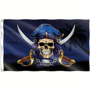Premium Pirate Skull Flag, Night Beach Design with Swords & Chain, 2x3ft & 3x5ft Weather-Resistant Banner for Outdoor Yard & Themed Events