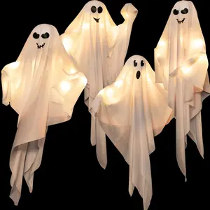 4 Pack 27.5 Inch Halloween Hanging Ghosts with Light Up Ghost Kit for Indoor Outdoor Spooky Yard Tree Halloween Decorations Party Décor