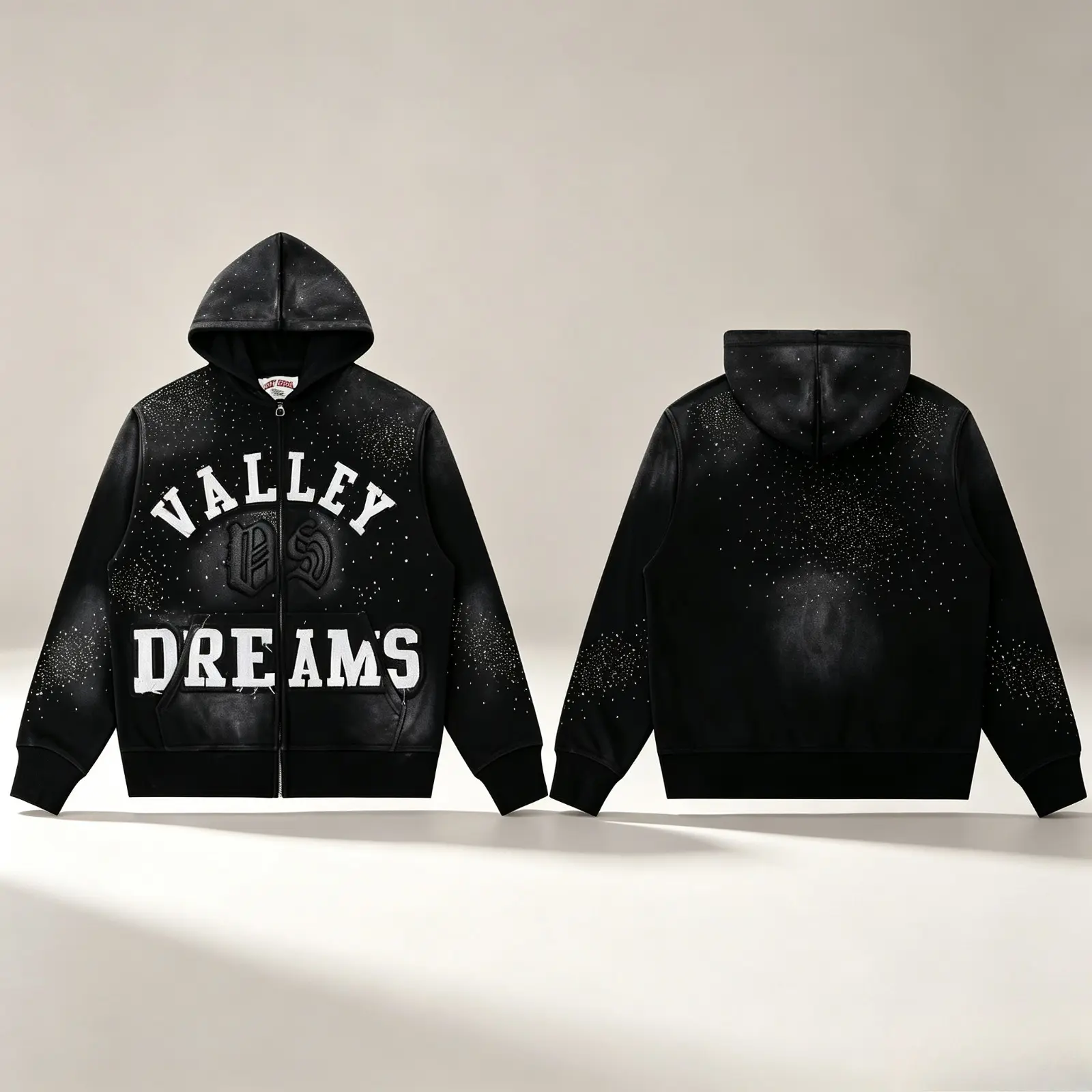 VALLEY Y2K Letter Embroidery Rhinestone Zip Up Hoodie 100% Cotton Loose Oversized Distressed Vintage Wash Hooded Sweatshirt Autumn Winter Casual Hip Hop Streetwear Jacket Men Women Unisex,back to school,back to school haul