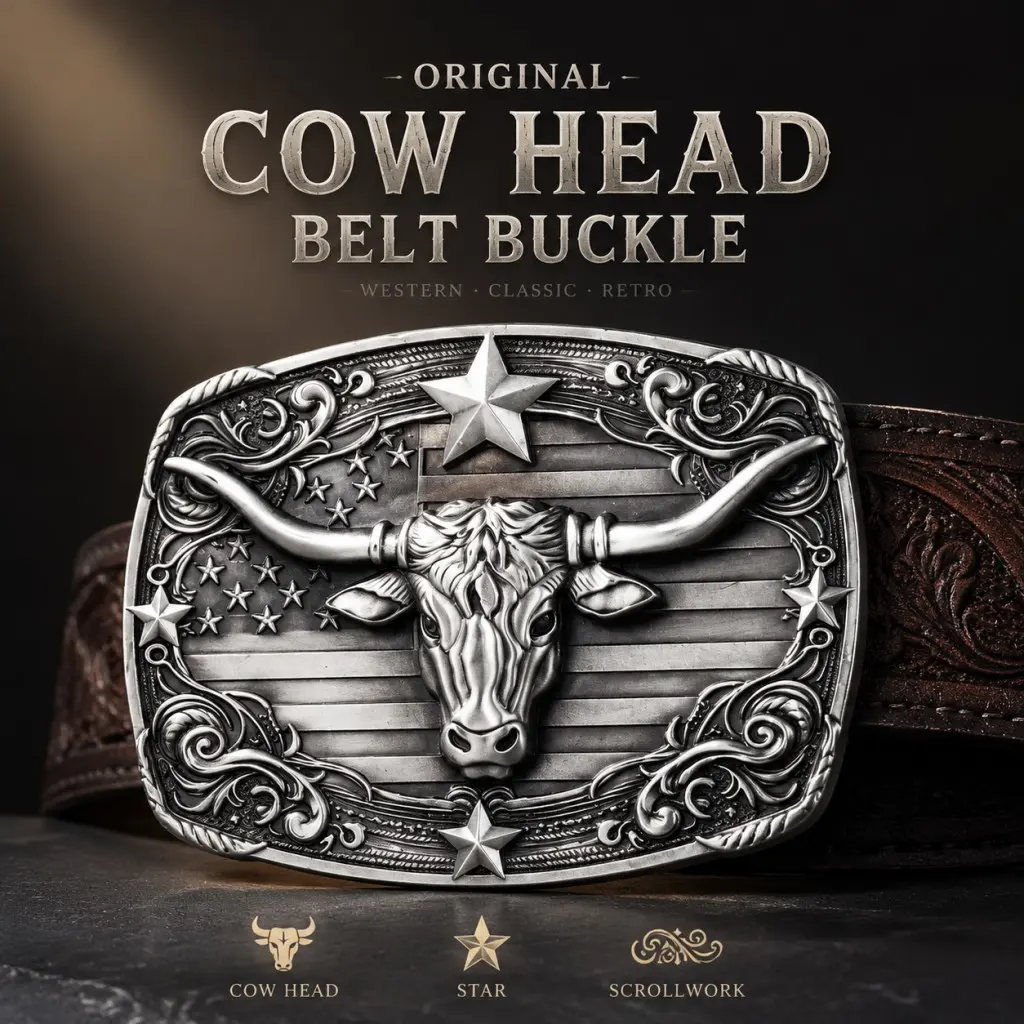 Western Longhorn Bull Belt Buckle, Antique Silver Zinc Alloy, 3D High-Relief Cow Head Buckle, Fits Standard 3.5-4.0cm Belts, Smooth No-Tooth Clasp, Vintage Flag & Star Pattern, Classic Rodeo Style Belt Buckle