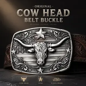 Western Longhorn Bull Belt Buckle, Antique Silver Zinc Alloy, 3D High-Relief Cow Head Buckle, Fits Standard 3.5-4.0cm Belts, Smooth No-Tooth Clasp, Vintage Flag & Star Pattern, Classic Rodeo Style Belt Buckle