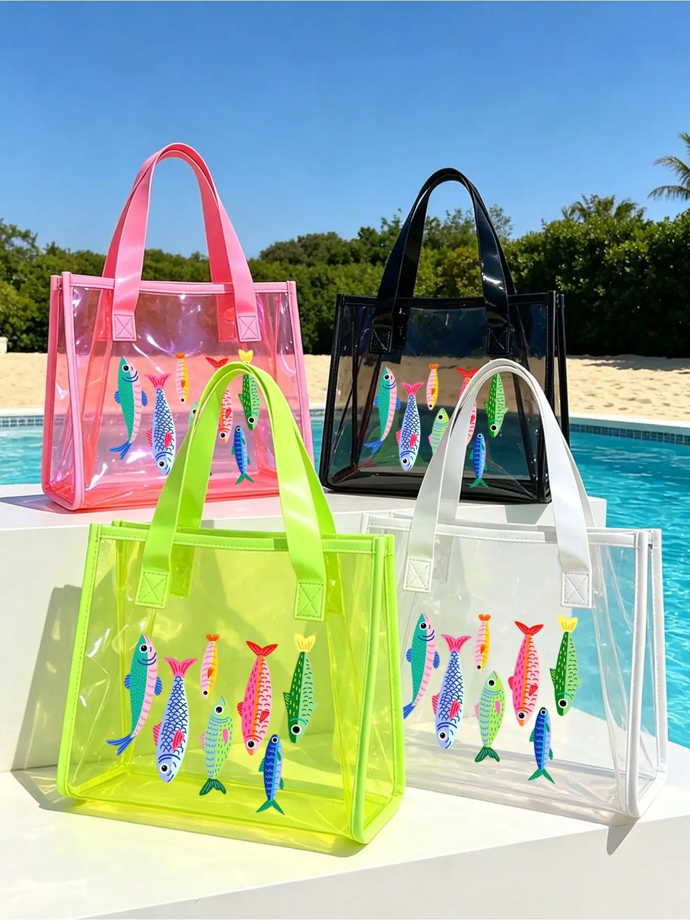 Colorful Fish Pattern Shoulder Bag, Transparent PVC Handbag, Large Capacity Beach Bag, Reusable Shopping Bag, Travel & Office Use