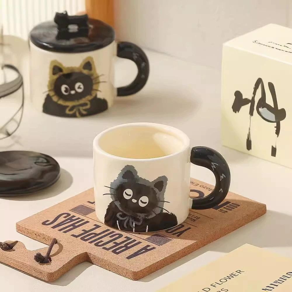 Cute Cat Pattern Ceramic Mug, 2 Counts/set Coffee Mugs with Lid & Spoon, Drinking Cup for Home Office Use, Gift for Girlfriend, Drinkware