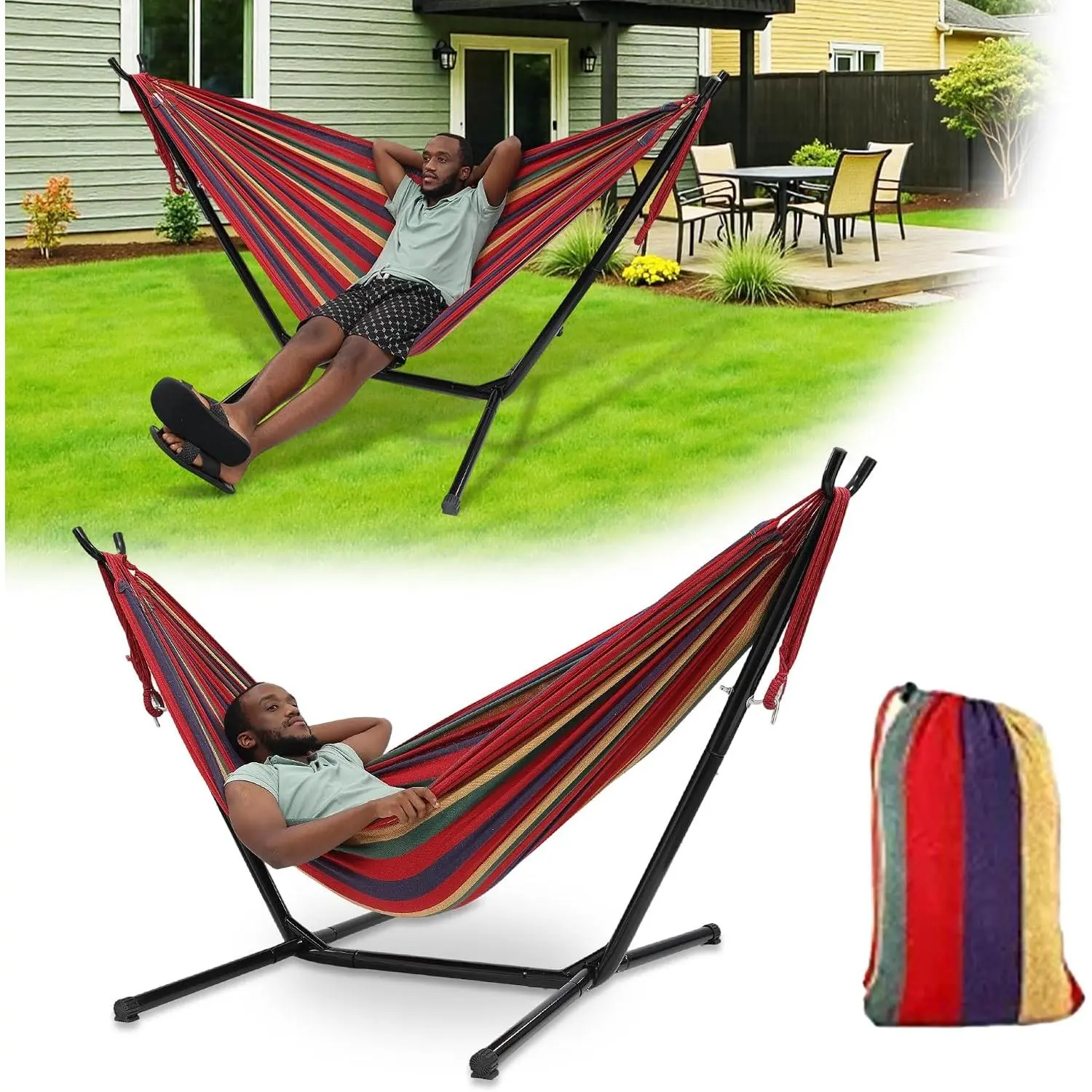 Hammock with Stand for Outside,600lb Weight Capacity Adjustable Height 3-in-1 Portable Hammock for Outdoor&Indoor Camping Backyard Bedroom(Hammock, Stand & Carry Bag)
