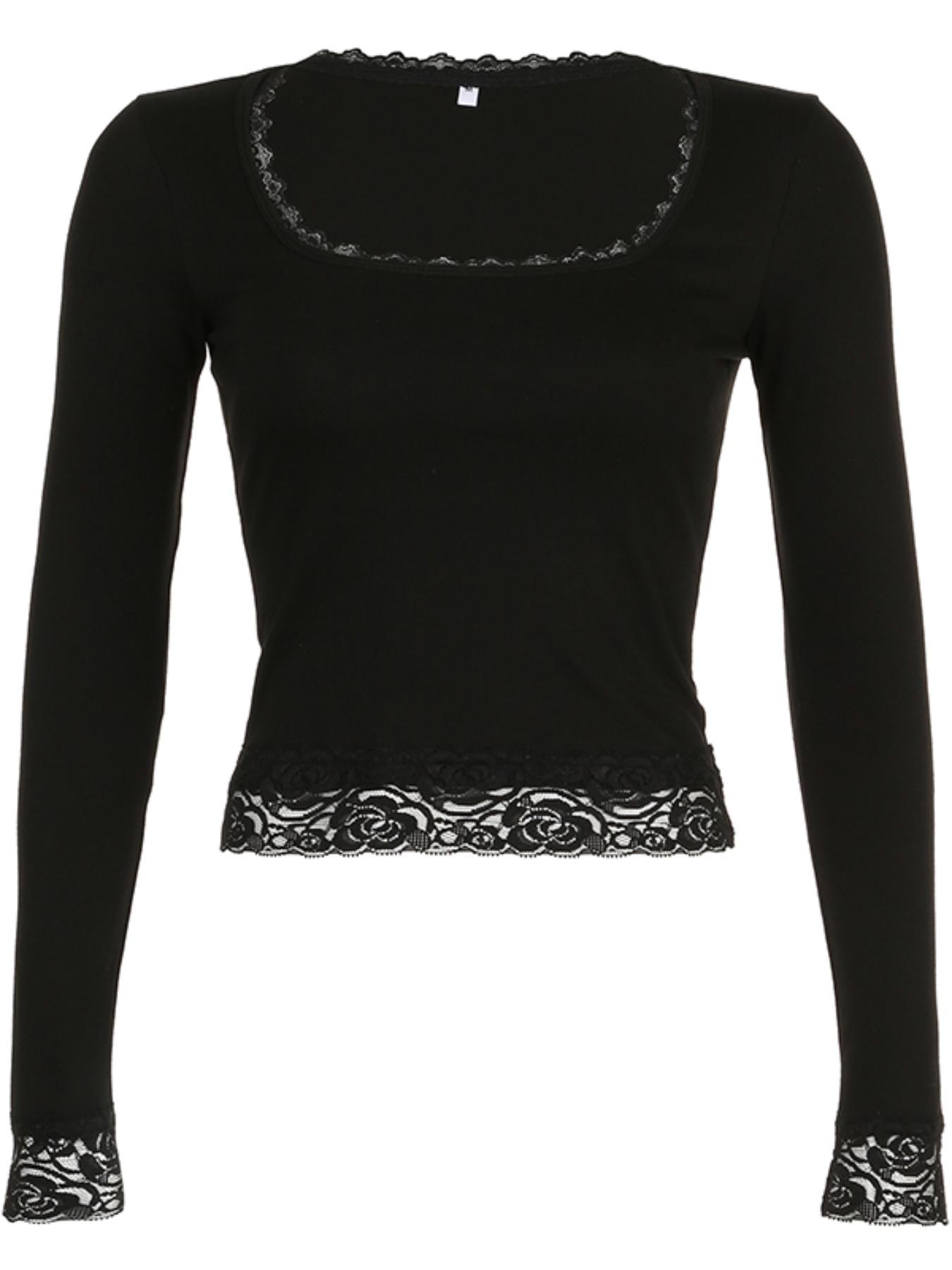 Women's Vintage Y2K Aesthetic Contrast Lace Square Neck Crop Tee, Women's T Shirts, Street Solid Long Sleeve Slim Top for Fall, Spring, Please Purchase A Size Up