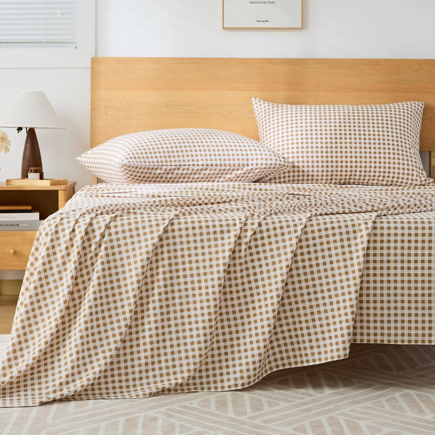 Tan Gingham Queen Sheet Set, 4-Piece Soft Brushed Microfiber Bed Sheets - 16" Deep Pocket Fitted Sheet, Wrinkle & Fade Resistant, Hotel Luxury Bedding
