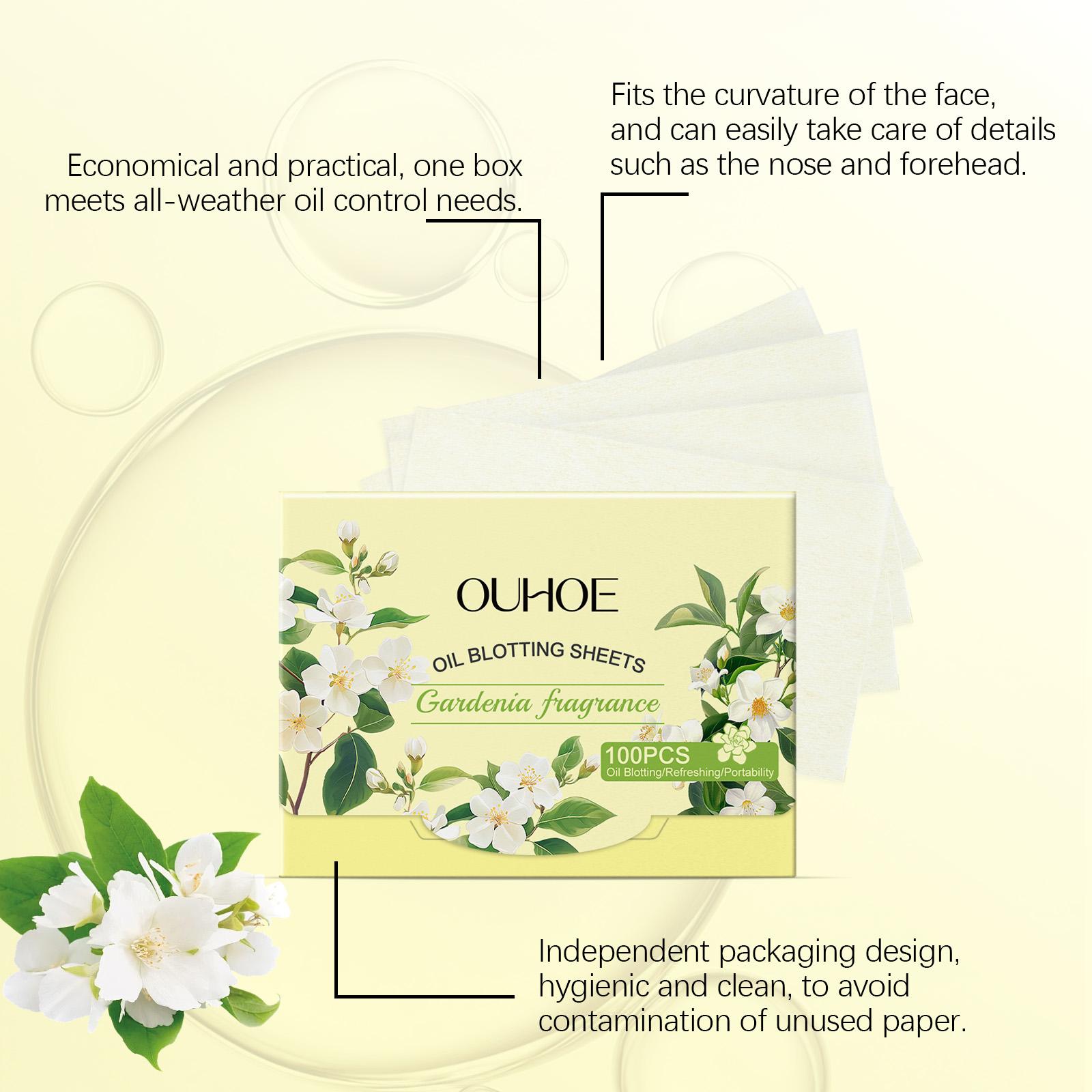 OUHOE Oil Blotting Sheets (Gardenia), Cellulose & Kaolin Dual Oil Control, Gardenia Extract Brightening + Vitamin E Antioxidant, Makeup-Friendly No Powder Removal, Soft for Oily Skin
