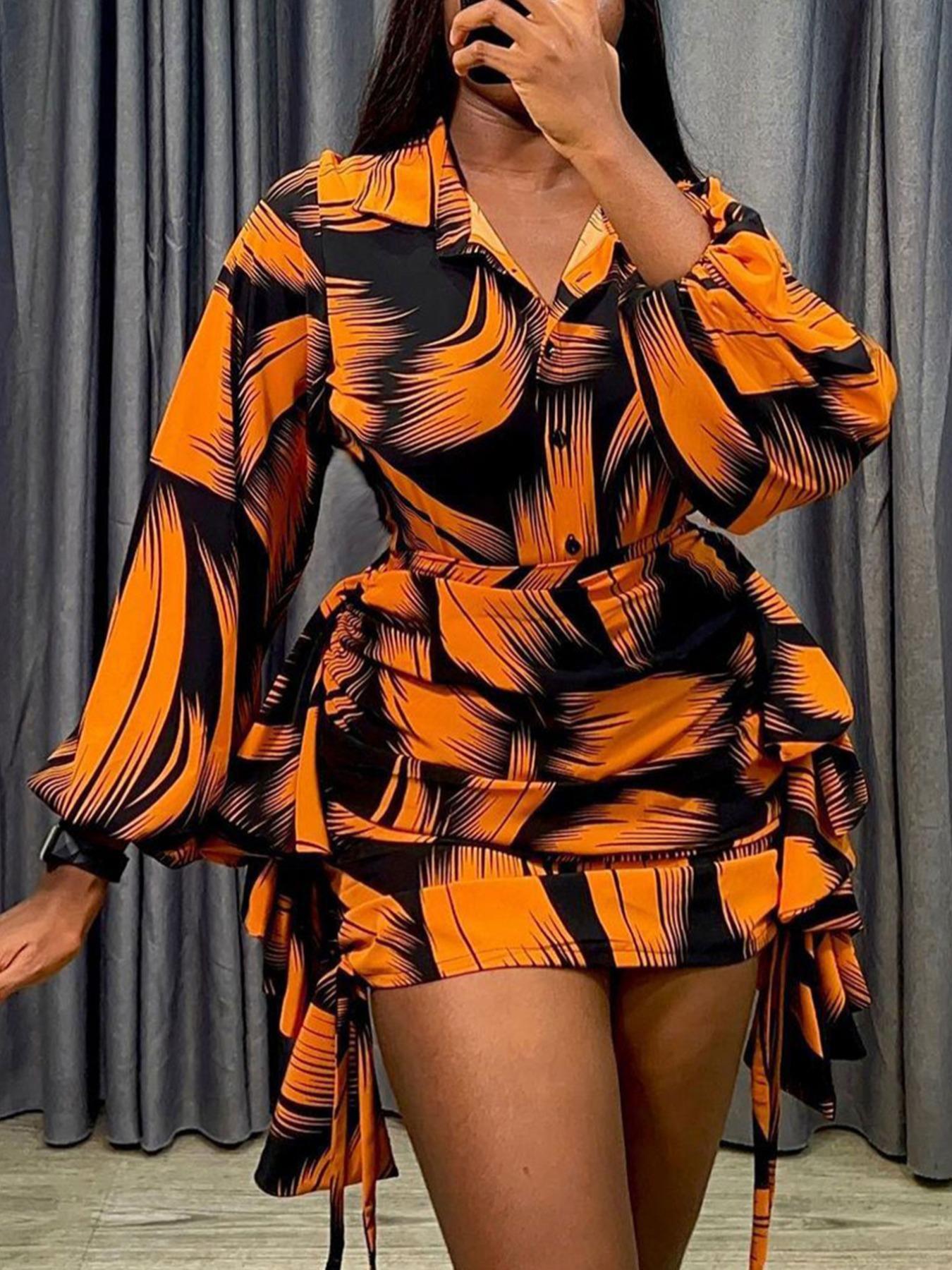 Plus Size Women's Two-Piece Set Short Skirt & Bubble Sleeves Blouse, High-Waisted Fitted Design, Casual All-Season Wear, Button-Front Style