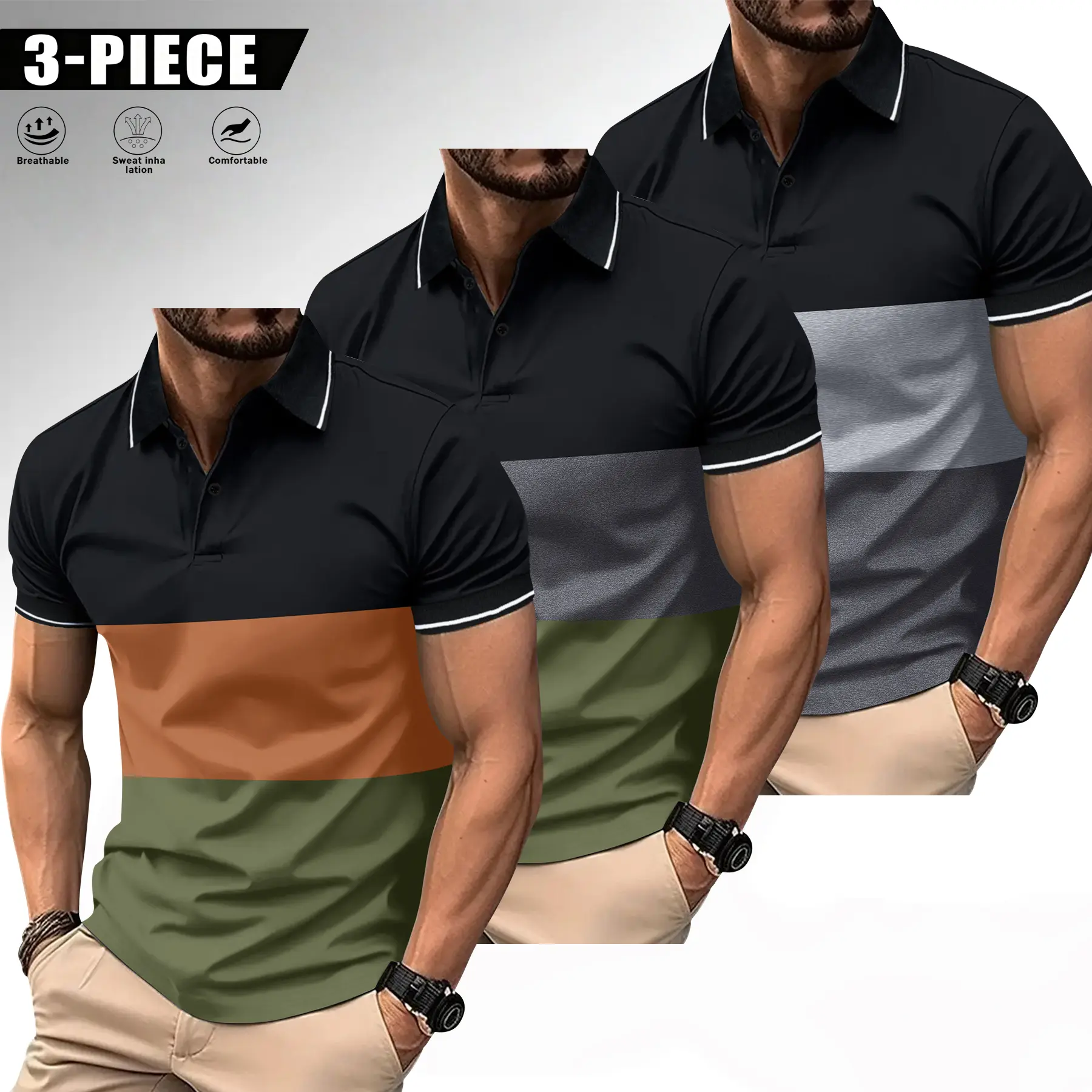 Men's 3-Pack Slimming Fit Short Sleeve Polo Shirts, 3-Tone Contrast, Skin-Friendly Menswear for Office, Day Wear