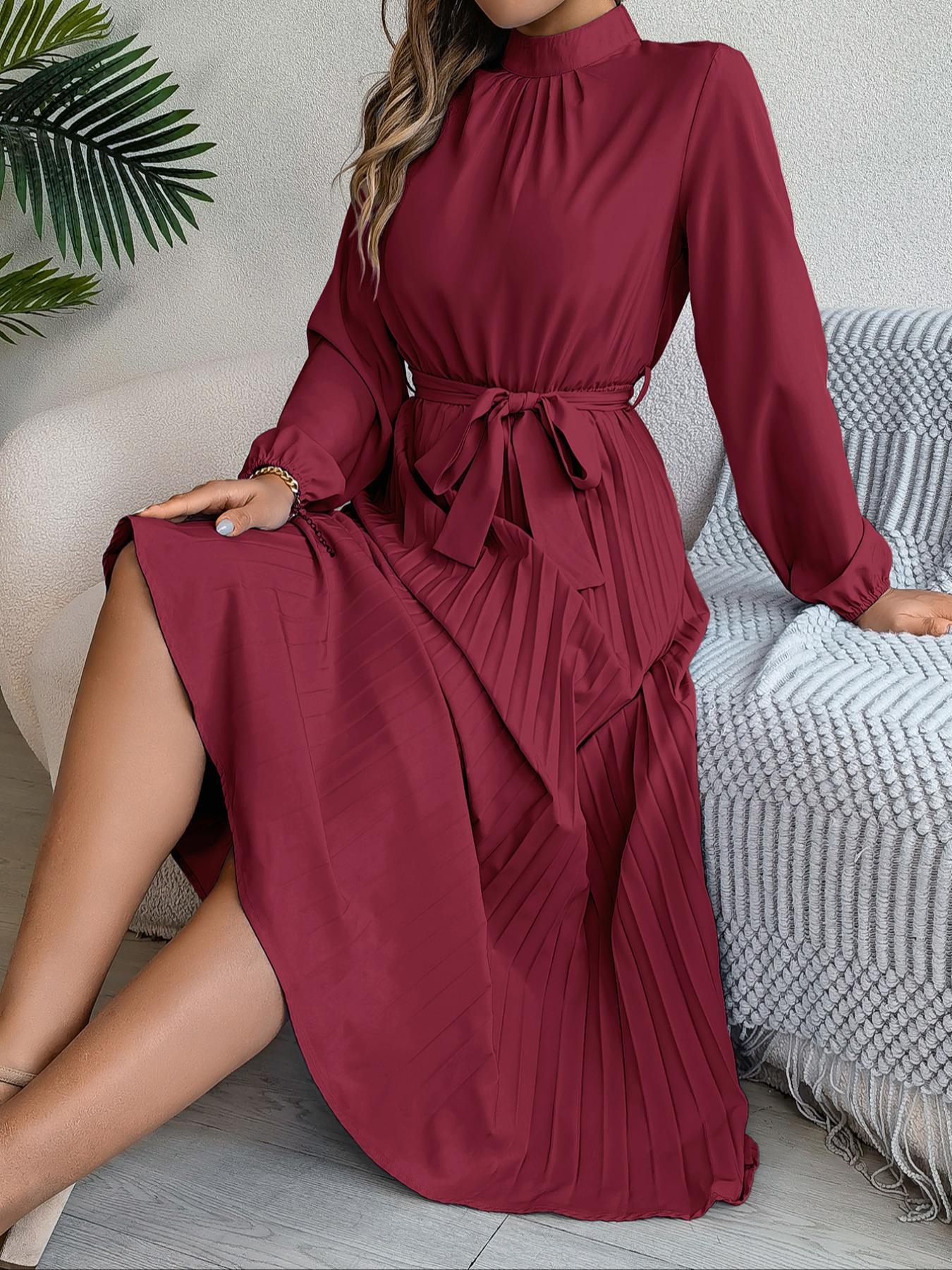 Women's Elegant Chic Long Sleeve Belted Pleated Dress, Spring & Fall Fitted Plain Design, Middle East Style Maid of Honor Gown