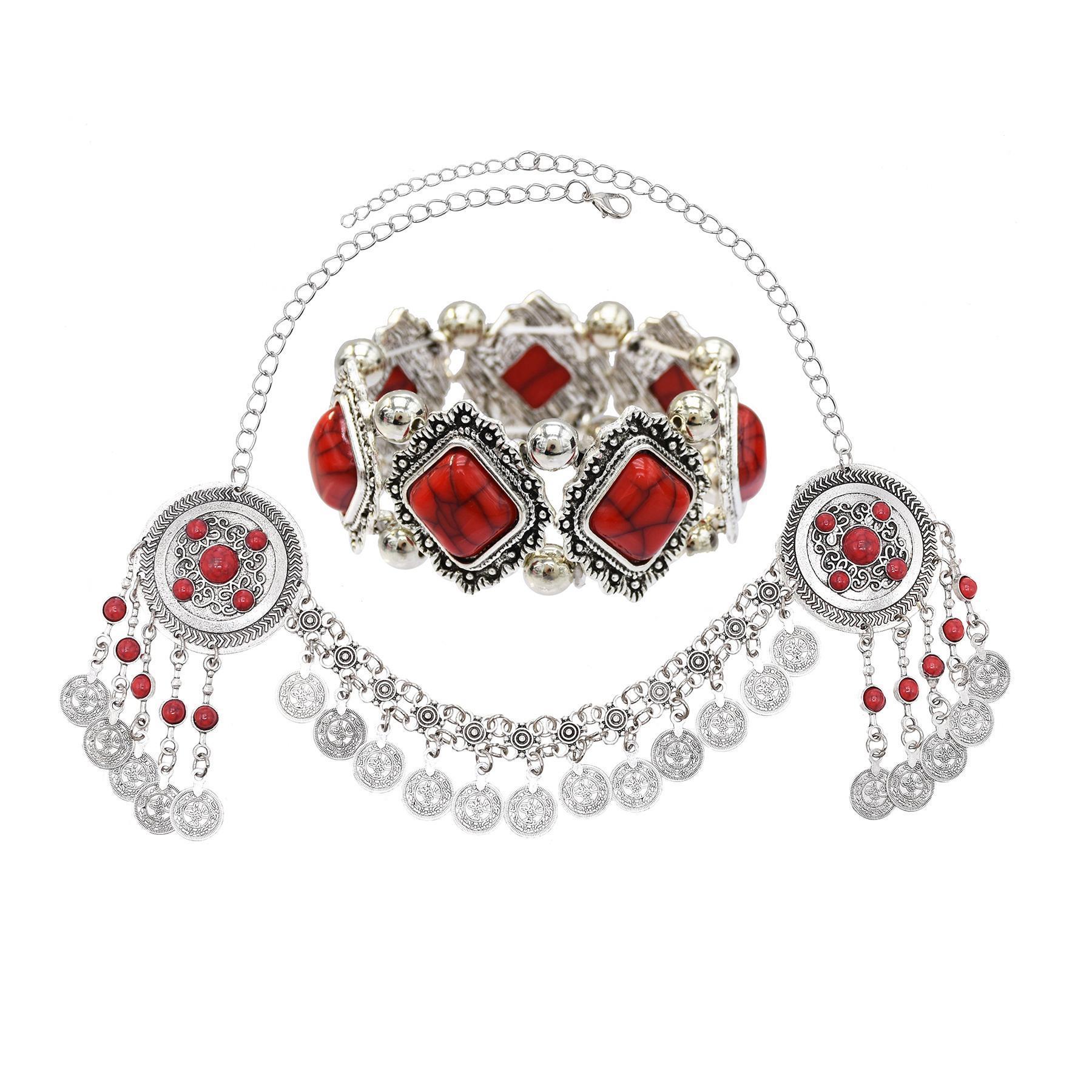 Traditional Kazakhstan Ethnic Coins Bracelet Hair Accessories  for Women Vintage Nepalese Tibetan Clothing Headwear Jewelry Set