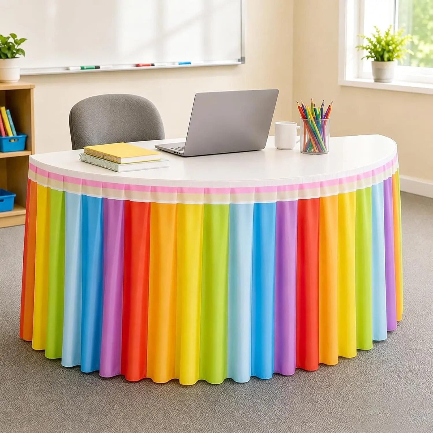 Rainbow Tablecloth for Teacher Office Desk, Classroom Decoration, Rectangular Circular Office Desks, Pleated Design, School Use