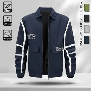Wind Resistant Light Shell Men Casual Lapel Collar Jacket, Fashion Contrast White Stripes Letter Graphic Zip Front Jacket with Double Flap Storage Pockets, Comfort Loose Windproof Outer Jacket for All Seasons Commute Camping Jogging Daily Street Outfit, F