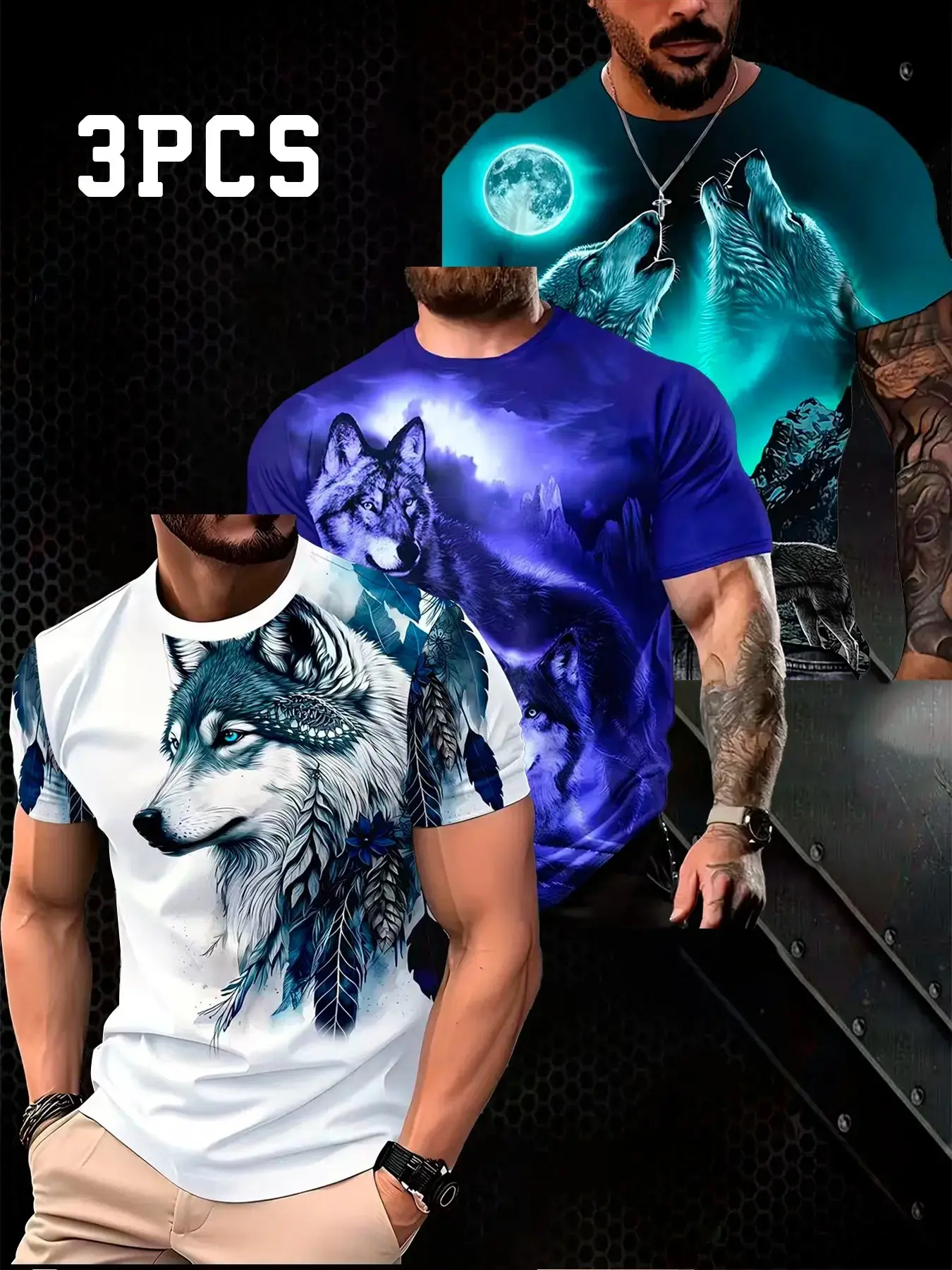 3-Pack Men's Casual Short Sleeve T-Shirts, Animal Graphic Tee, Wolf Print, Loose-Fit, Breathable, Ideal for Outdoor & Daily Wear, Perfect Gift for Friends