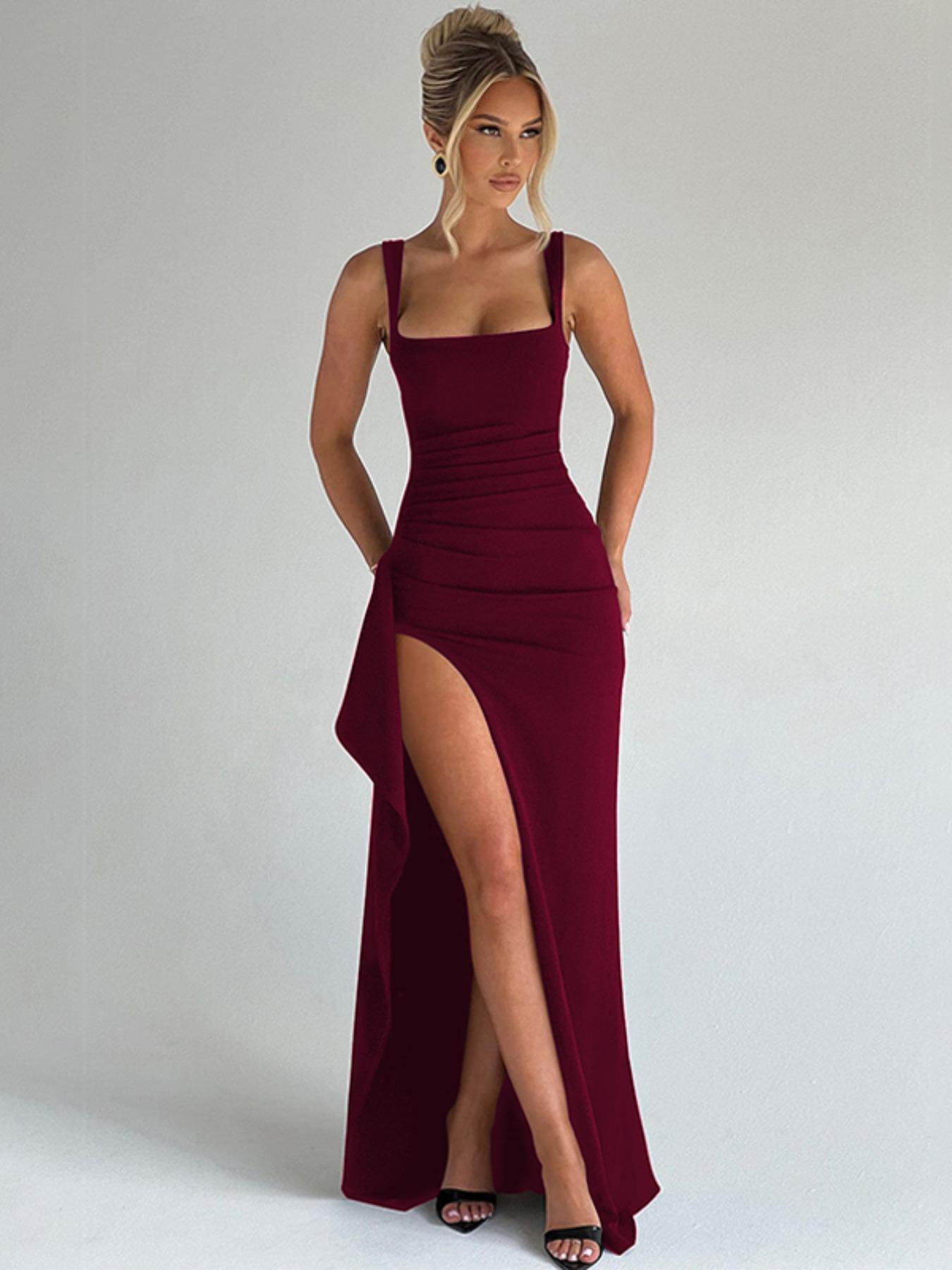 Women's Solid Side High Slit Sleeveless Bodycon Cami Dress, Backless Sleeveless Dresses, Elegant Backless Long Dress for Party Club Holiday Beach Vacation, Ladies Summer Clothes