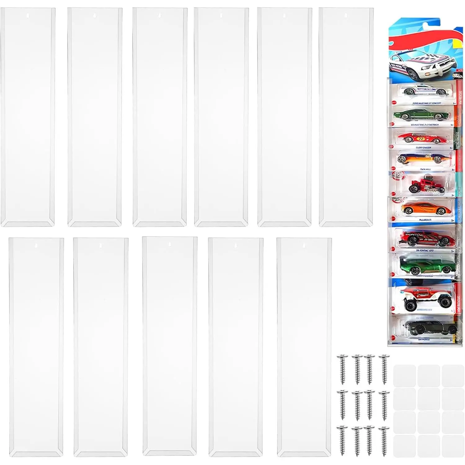 10Pcs Clear Display Case for Packaged Model Cars,Model Car Display Cases Wall Mount-Holds up to 100 Cars,Toy Car Storage Organizer Compatible with Hot Wheels,Clear Model Car Display Case(16.7 x 4.4)