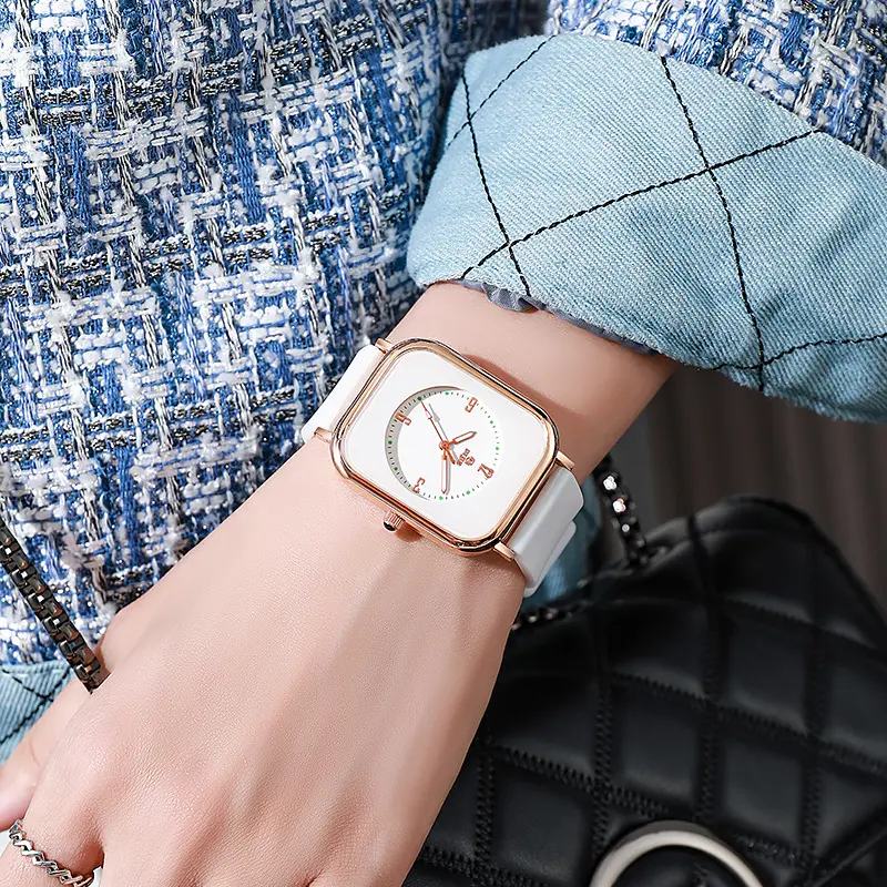 Ladies Square Quartz Wristwatch, Rose Gold Frame Decorative Moon Phase Dial, Adjustable Silicone Band, Multiple Solid Color Straps Daily Wear Accessory