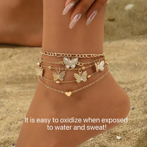 Set of 4 Boho Anklets for Women, Jewelry, Boho Style Jewelry, Jewelry Accessories, Multi-Layer Beaded Anklet Set with Butterfly & Heart Designs, Embellished with Synthetic Diamonds, For Summer Holidays, Beach Parties & Bikini Outfits, Foot Jewelry