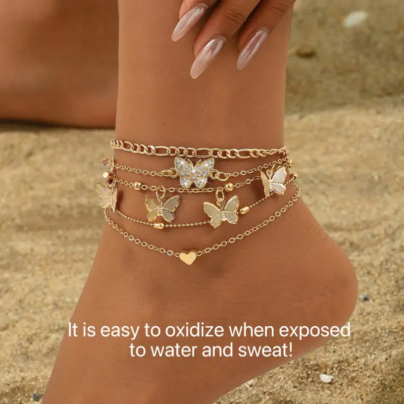 Set of 4 Boho Anklets for Women, Jewelry, Boho Style Jewelry, Jewelry Accessories, Multi-Layer Beaded Anklet Set with Butterfly & Heart Designs, Embellished with Synthetic Diamonds, For Summer Holidays, Beach Parties & Bikini Outfits, Foot Jewelry