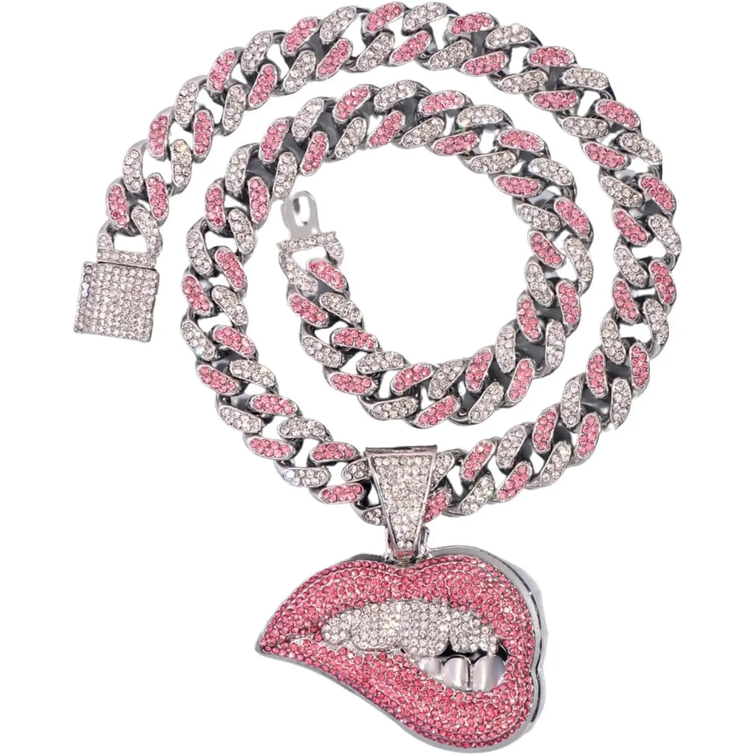 Iced Out Chain for Women Men, Cuban Link Chain,  Hop  Bite Lip Shape Pendant Necklace for Women with Bling Iced Out  Color Cuban Link Chain HipHop Necklace