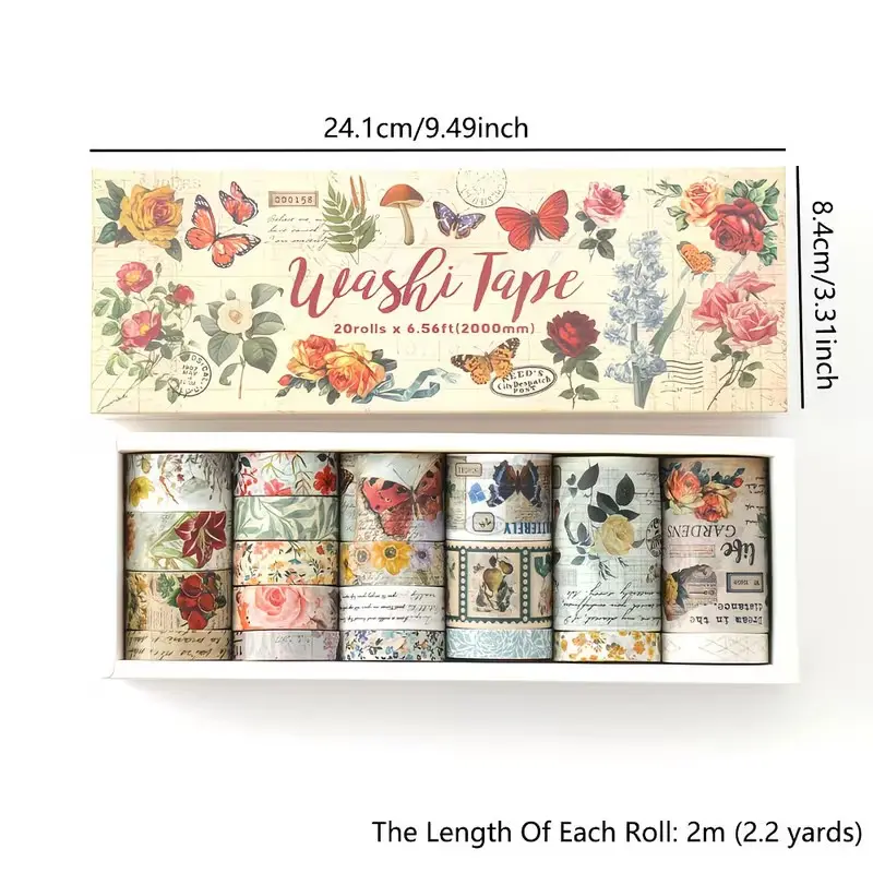 20 Rolls Vintage Paper Tape Set, Butterfly Flower Plant Masking Tape, Scrapbook Supplies, Notebook DIY Crafts, Bullet Journal Decorative Stationery, Scrapbook Materials