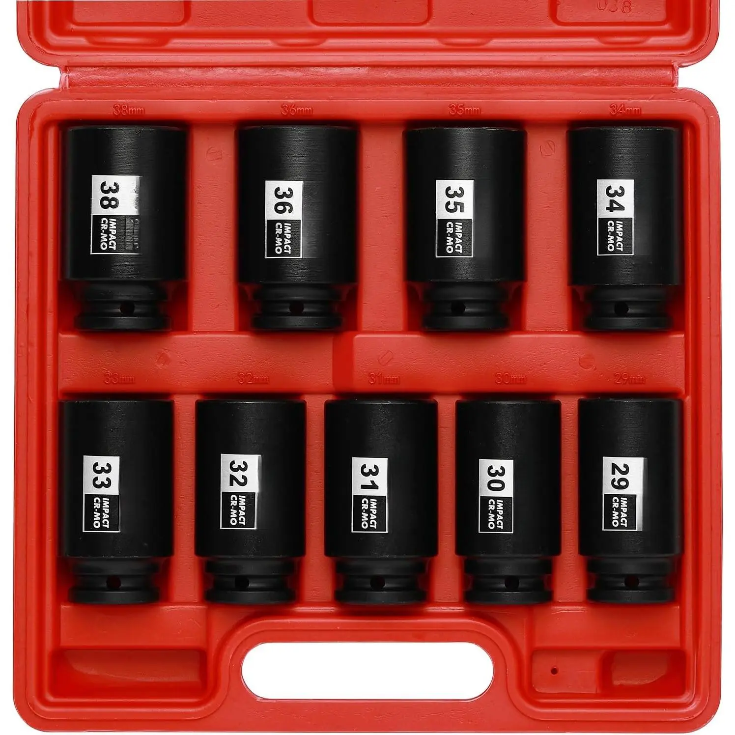 large socket set 1/2- Inch Drive Deep Spindle Axle Nut  Socket Set, 6 Point, CR-MO, Metric, 29mm-38mm, 9- 1/2" Dr. Deep  Socket Set