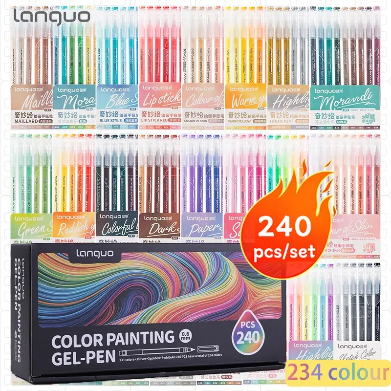 Languo 240pcs Gel Pen Set, 0.6mm Fine Tip, Vibrant Colors, Large Capacity, Ideal for Scrapbooking, Art Painting, Student DIY Crafts, Drawing Pens Set