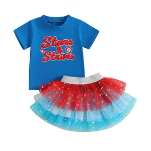 Kids Toddler Girl 4th of July Outfits Letter Embroidered Short Sleeve T-Shirt Layered Tulle Tutu Skirt Set Patriotic Clothes ﻿