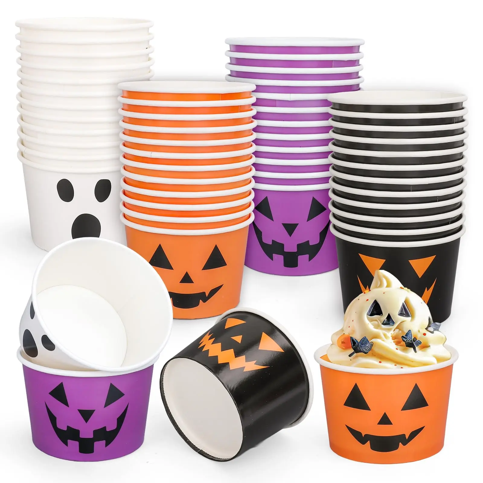 10 Pcs Halloween Treat Cups, Pumpkin Ghost Design Disposable Paper Snack Bowls 9 Oz Candy Containers for Trick or Treat, Halloween Party Supplies for Desserts, Ice Cream, Birthday, Movie Night and Family Gatherings