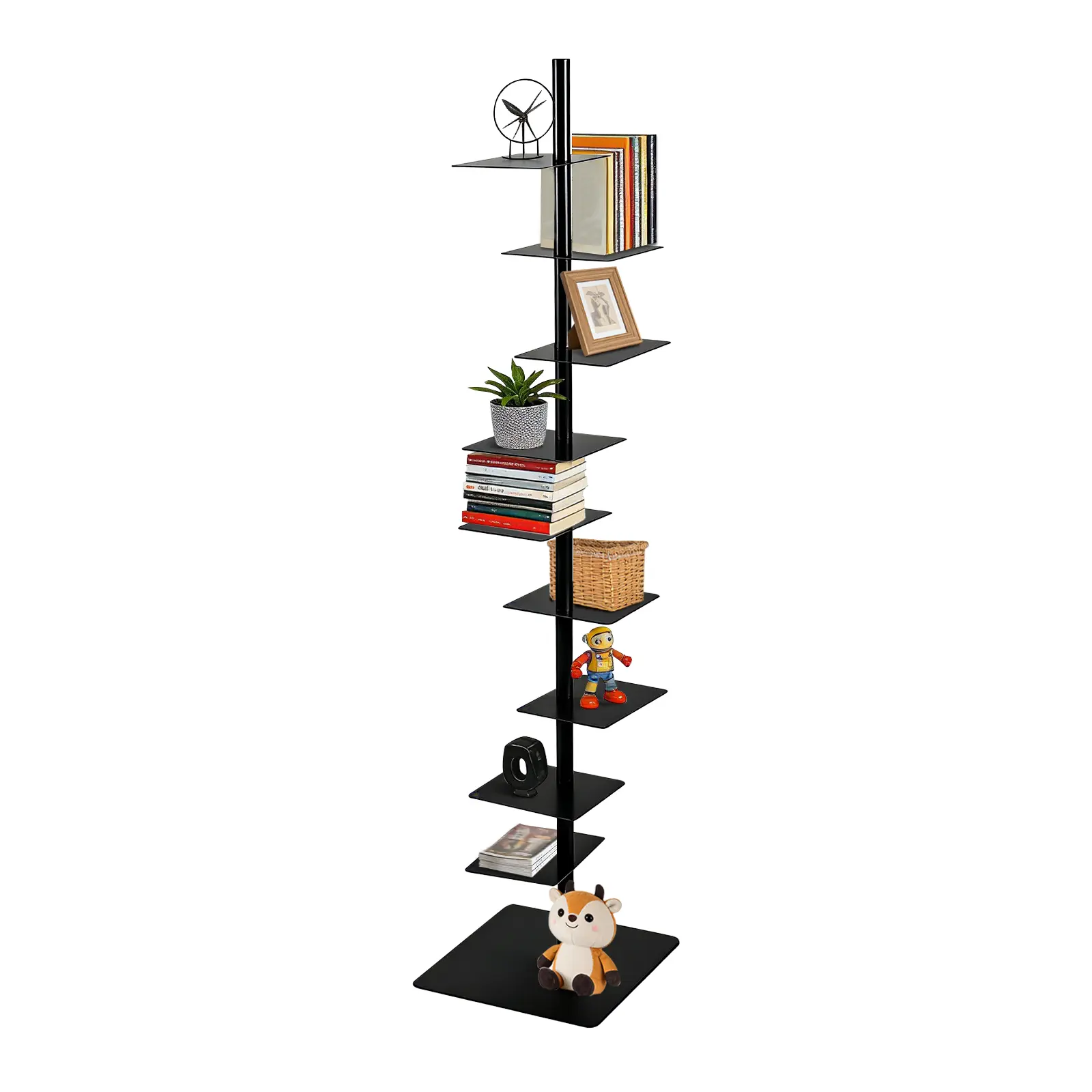 9-Layer Minimalist Ladder-Shape Vertical Shelf, Space-Saving Alloy Steel Corner Bookshelf Tower, Standing Storage Rack for Displaying Books, Small Plants